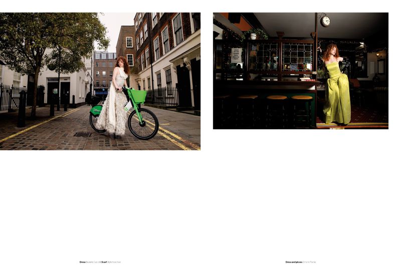 Editorial diptych of a red-haired model posing with a green bicycle on a street and wearing a chartreuse gown inside a traditional pub.