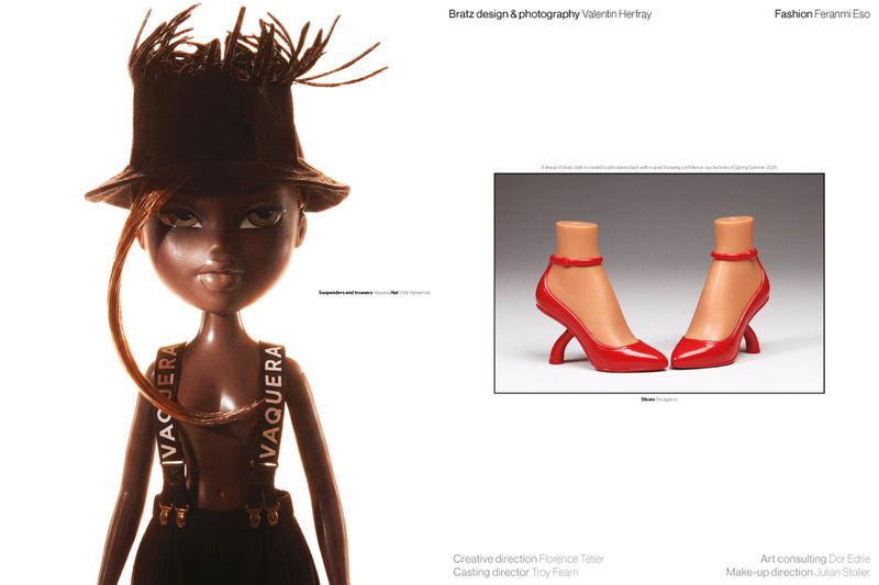 Bratz doll styled in black suspenders and a hat alongside an inset of red high heels on a white background for Novembre Magazine.