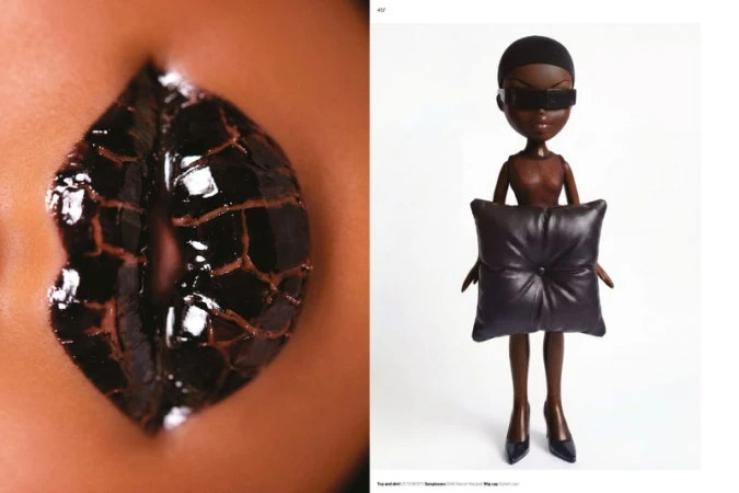 Editorial diptych showing textured glossy black lips alongside a Bratz doll styled in sunglasses and holding a black leather cushion.