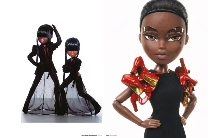 Fashion editorial spread of styled dolls wearing black tailored garments and miniature red high heels on shoulders against white backdrop.
