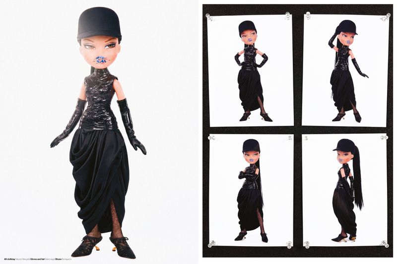 Bratz doll styled in an all-black draped dress, opera gloves, and cap alongside four pinned prints on a dark board.