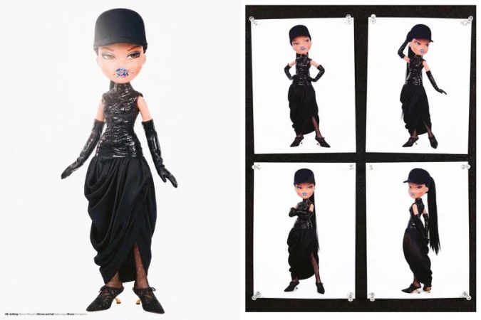Bratz doll styled in an all-black draped dress, opera gloves, and cap alongside four pinned prints on a dark board.