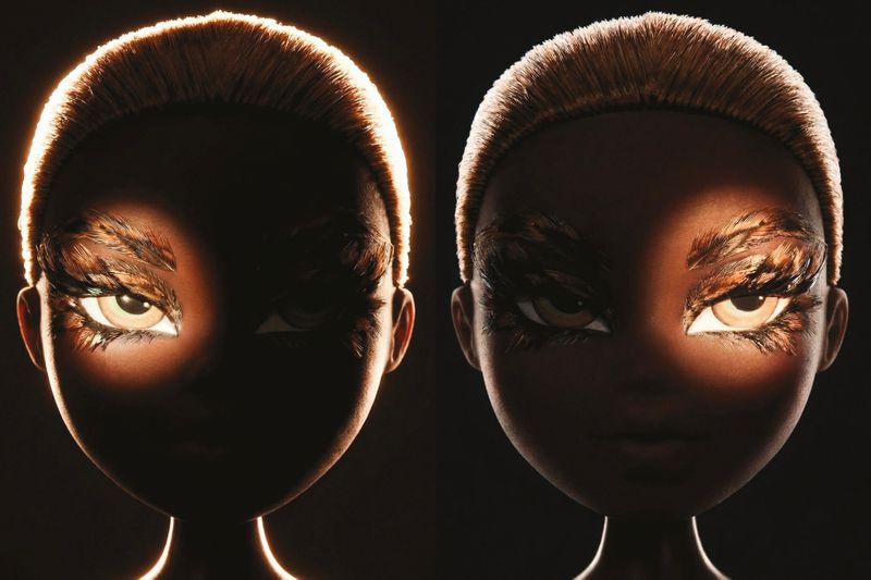 Diptych of a stylized doll head with textured short hair and dramatic feathered eye makeup against a solid black background.