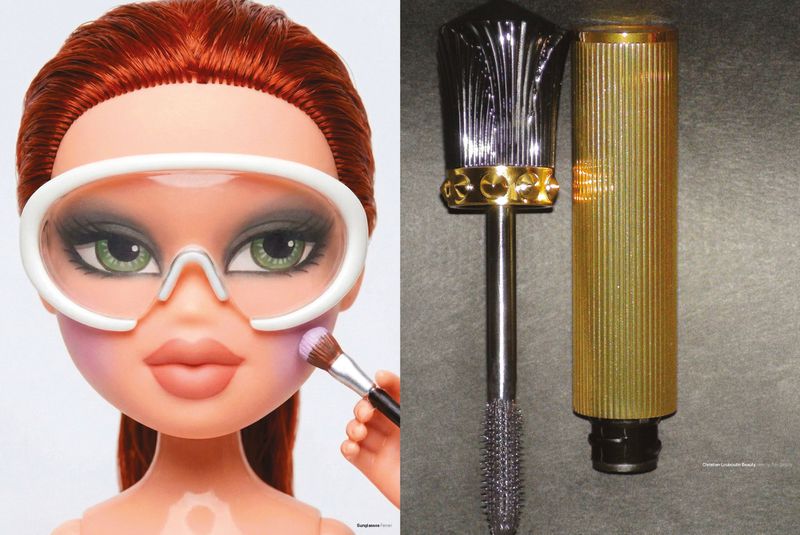 Split view of a red-haired doll wearing white visor sunglasses receiving makeup next to an open gold mascara tube and wand.