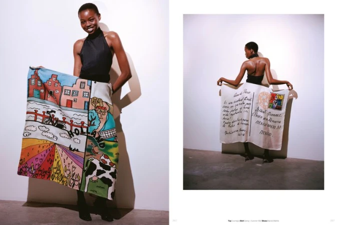 Model wearing a black halter top and an illustrated graphic wrap skirt in a dual-panel studio editorial shoot.