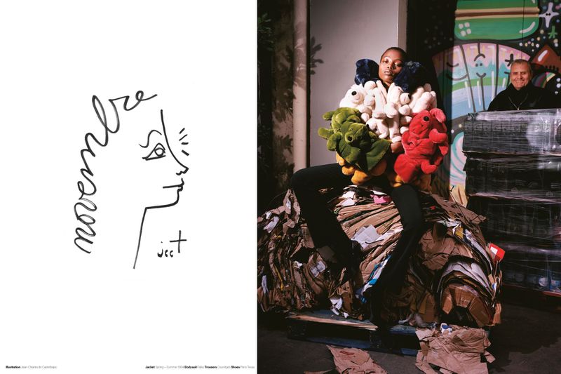 A magazine spread showing a model seated on a cardboard bale in a plush toy jacket beside a line art illustration.