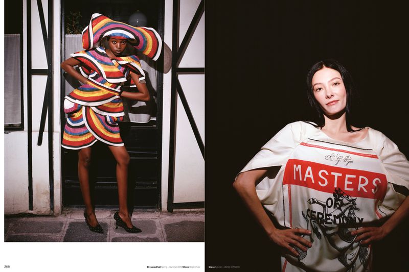 Editorial spread with two portraits: a woman in a striped ruffled dress and hat, and a woman wearing a graphic top.