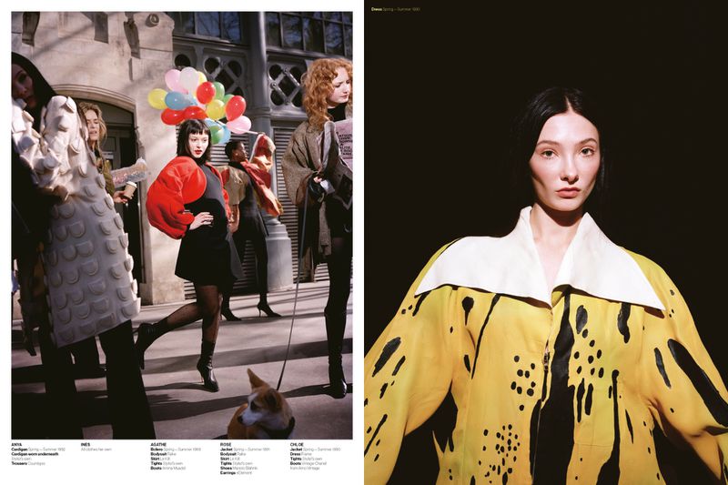 Editorial magazine spread featuring models in designer outerwear on an urban street alongside a portrait in a yellow graphic jacket.