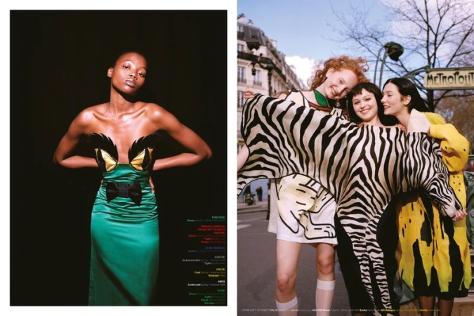 Editorial diptych showing a model in a green satin gown beside three women holding a zebra-shaped garment in Paris.