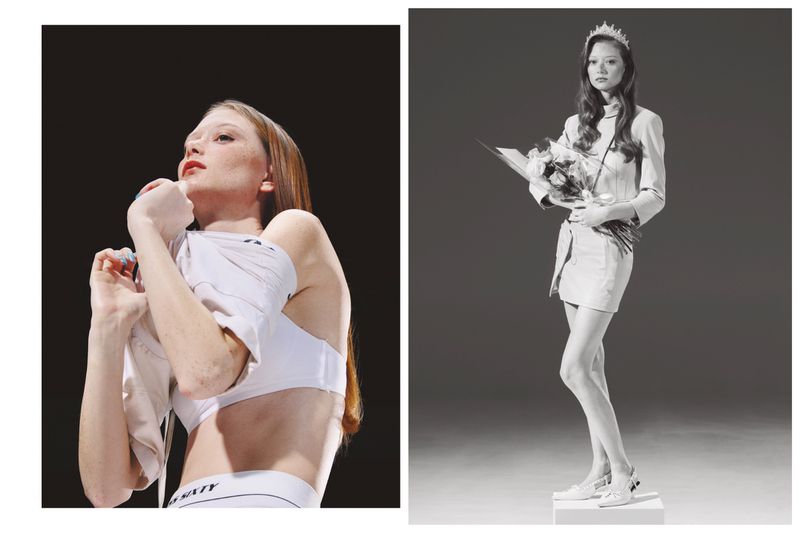 Diptych fashion portrait of Sara Grace Wallerstedt in a white top on the left and full-length wearing a tiara on the right.