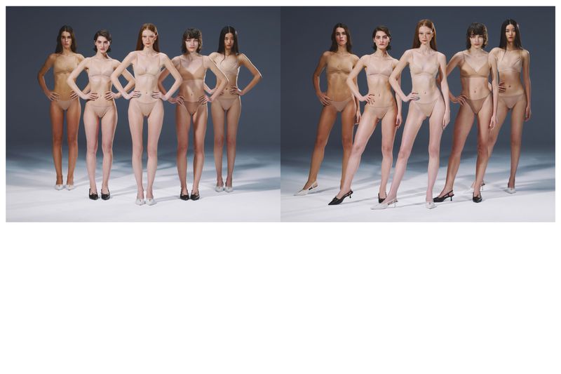 Five female models posing in matching nude underwear and slingback heels against a studio gradient backdrop in a dual frame composition.