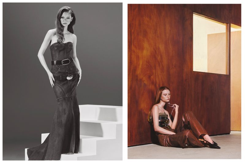Diptych editorial spread of Sara Grace Wallerstedt in a denim mermaid gown beside a shot of her seated in brown leather trousers.