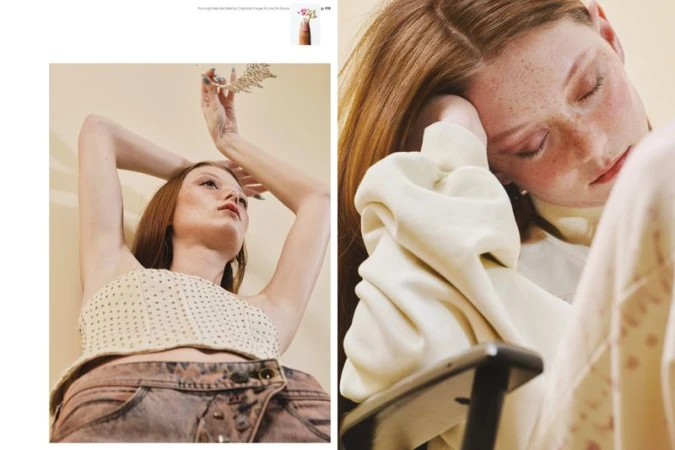 Fashion editorial diptych of model Sara Grace Wallerstedt posing in a studded crop top and resting in a cream sweatshirt.
