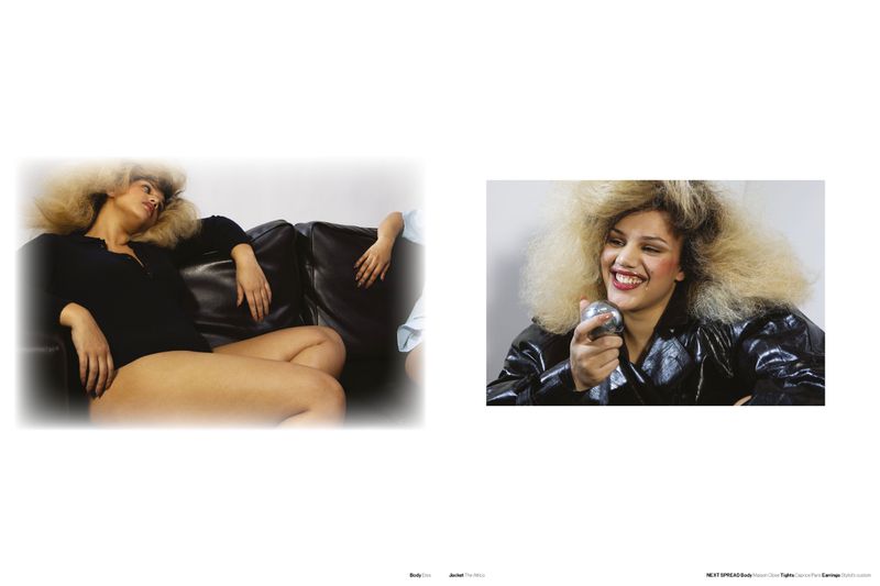 Two panel fashion layout featuring models with voluminous blonde hair wearing black clothing against a plain background