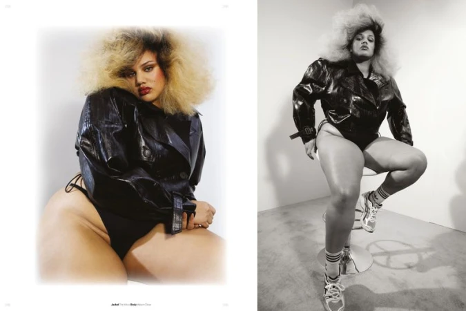 Model with voluminous blonde hair wearing a black glossy leather jacket and bodysuit in a studio fashion editorial spread.