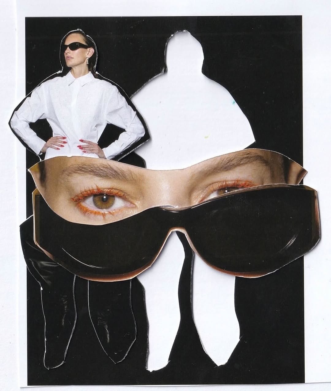 Fashion-forward collage with a woman in sunglasses, layered facial features, and bold black and white contrasts, creating a stylish effect.