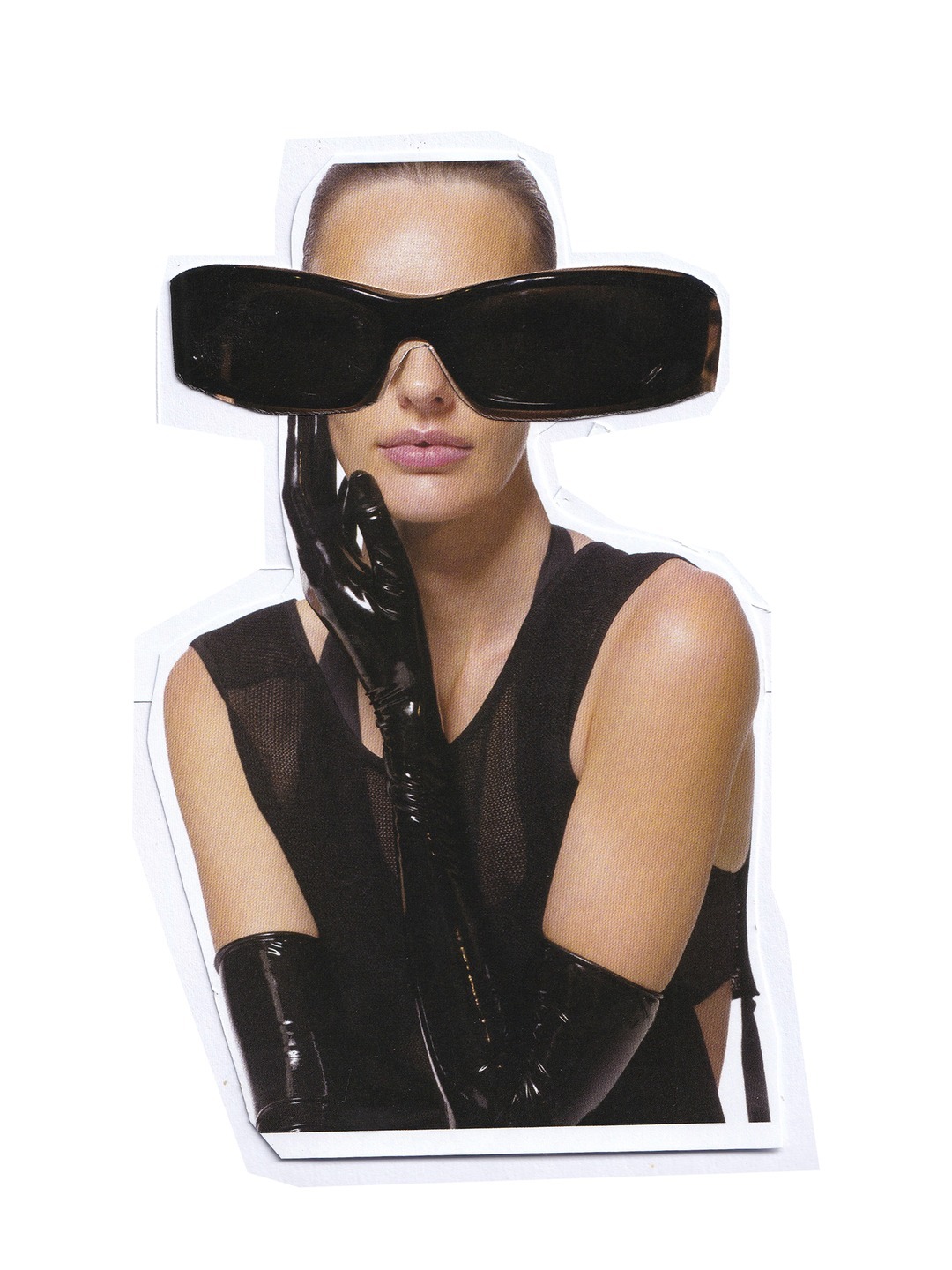 Model wearing oversized black sunglasses and glossy black gloves posing for SIR. Eyewear