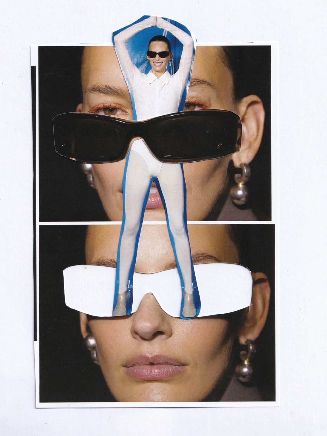 Collage of a woman in sunglasses and a white bodysuit, layered over two close-up photos of a woman's face wearing earrings.