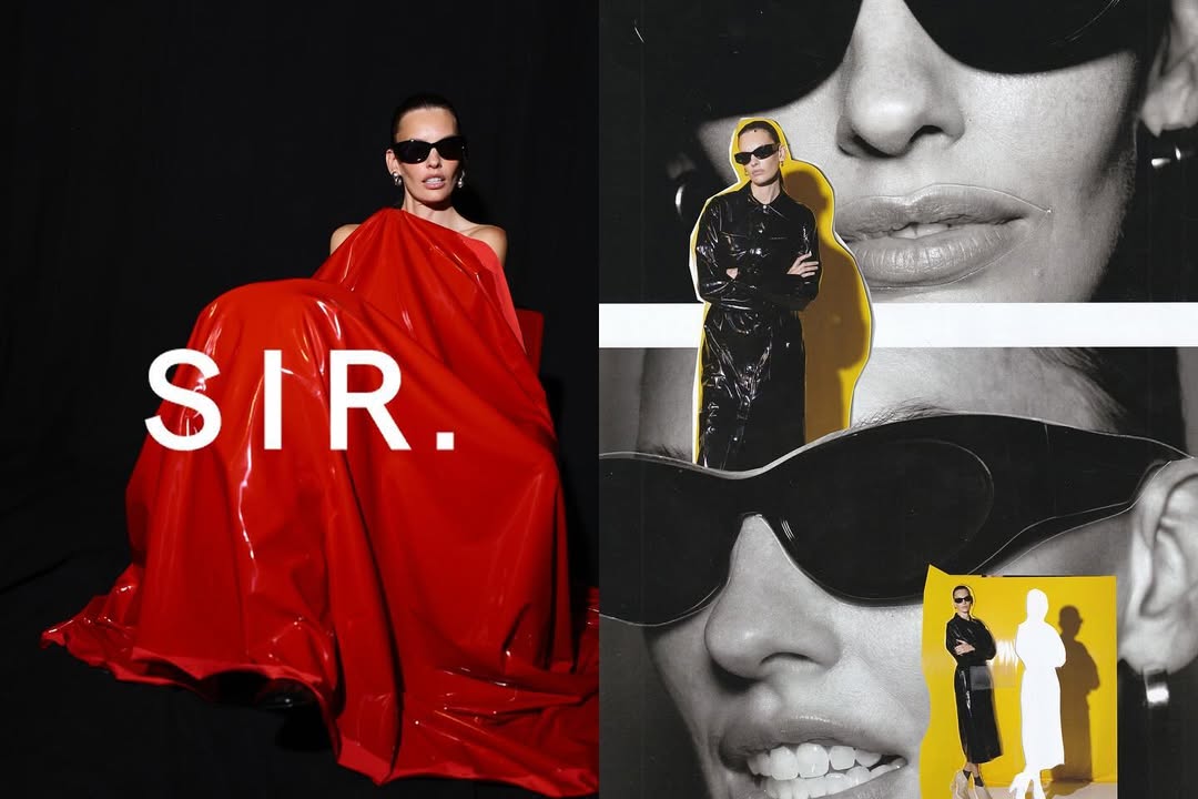 Collage featuring a woman in sunglasses draped in red fabric, juxtaposed with a black and white composition with fragmented face.