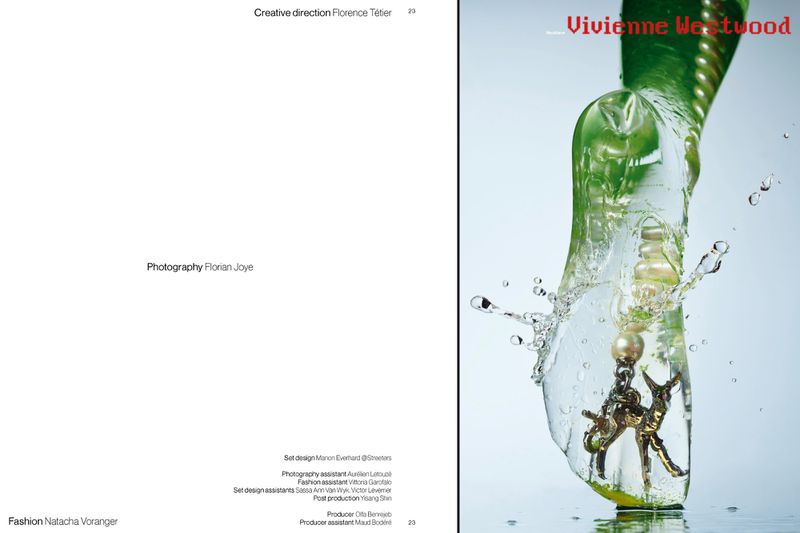 Editorial magazine spread featuring Vivienne Westwood jewelry encased in a translucent green sculpture with splashing water.