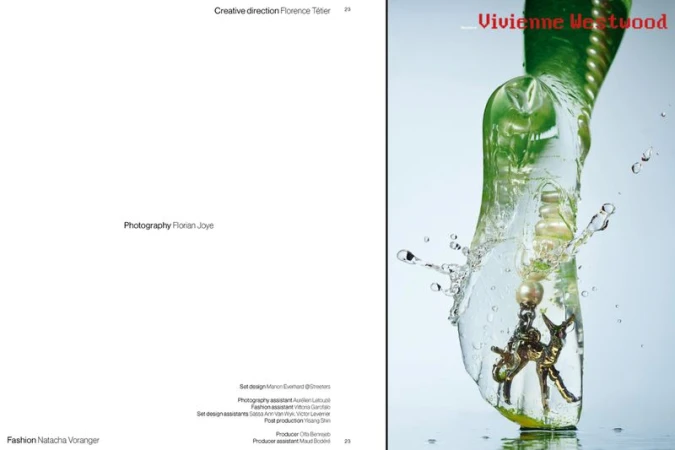 Editorial magazine spread featuring Vivienne Westwood jewelry encased in a translucent green sculpture with splashing water.