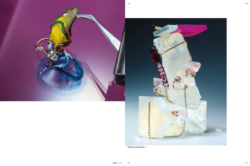 Editorial still life spread featuring fine jewelry arranged on mineral crystals and a gemstone ring held with metal tweezers.