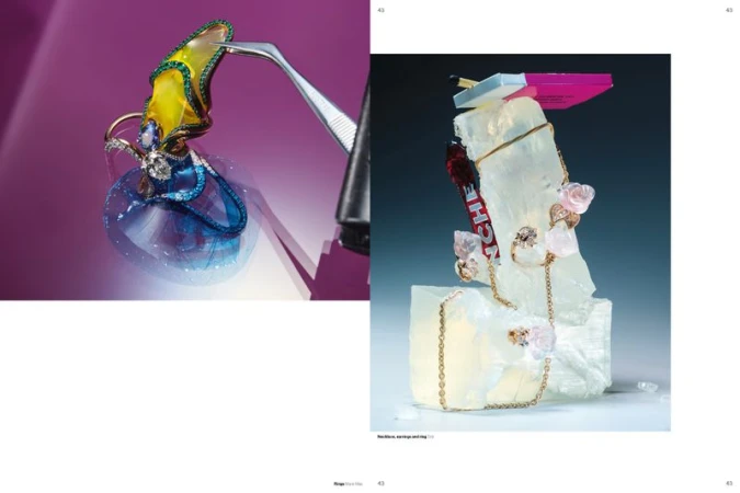 Editorial still life spread featuring fine jewelry arranged on mineral crystals and a gemstone ring held with metal tweezers.