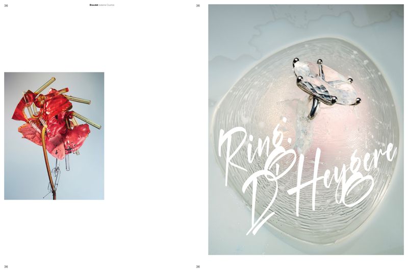 Magazine spread featuring a botanical assemblage beside a close-up of a sculptural crystal ring set on a textured glass dome.