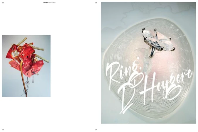 Magazine spread featuring a botanical assemblage beside a close-up of a sculptural crystal ring set on a textured glass dome.