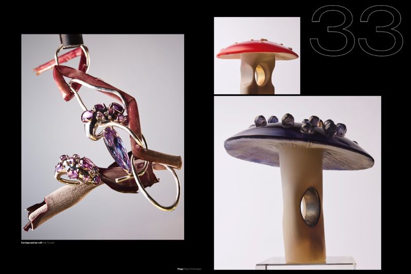 Magazine spread displaying gemstone earrings and rings sculpted around mushroom figures and metallic stems on a black layout.