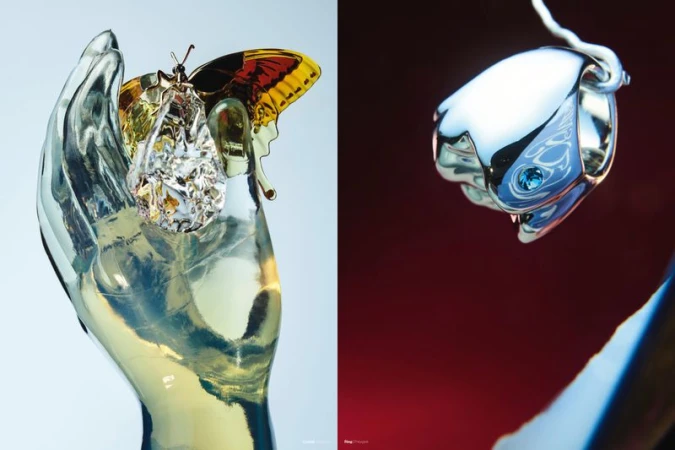 Diptych displaying a crystal butterfly ornament on a translucent sculpted hand beside a sculptural silver ring with a blue gem.