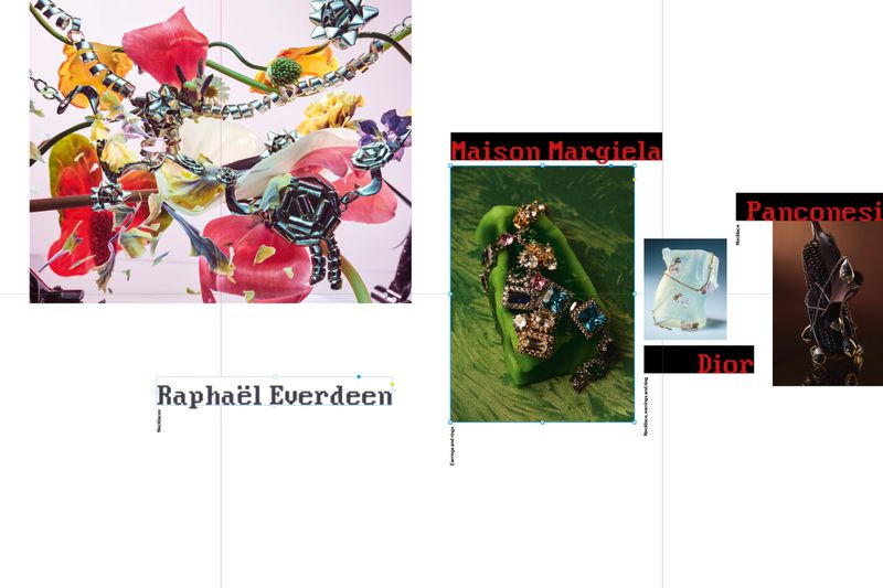 Editorial spread layout featuring jewelry still life photography with floral arrangements, sculptural props, and designer text labels.