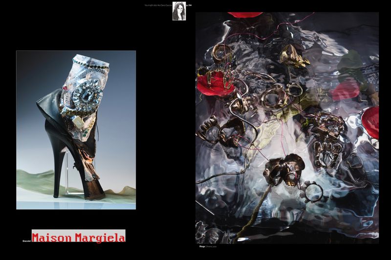 Editorial spread with an embellished Maison Margiela high heel on the left and metallic rings submerged in water on the right.