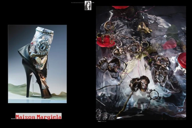 Editorial spread with an embellished Maison Margiela high heel on the left and metallic rings submerged in water on the right.