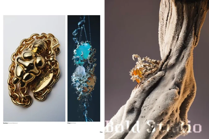 Editorial spread presenting designer gold jewellery and an amber gemstone ring mounted on textured driftwood against neutral backdrops.