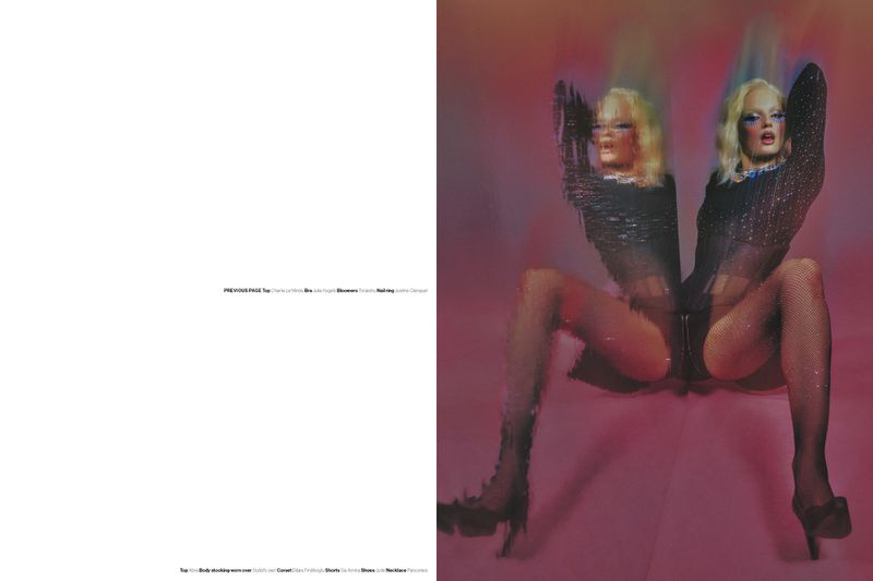 Model Fran Summers in a black mesh bodysuit posed with a mirrored motion blur effect for Novembre Magazine.