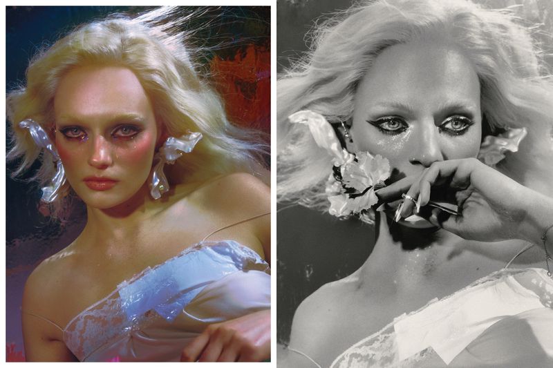Diptych of model Fran Summers posing with sculptural earrings and a white lace slip in color and black and white.