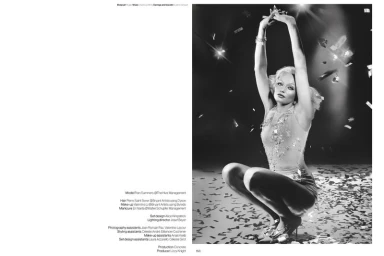 Model Fran Summers crouching with arms raised in an embellished bodysuit amid falling confetti in a black and white editorial layout.