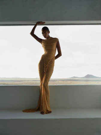 Model Bebe Parnell in a ruched draped tan gown posing against a panoramic window overlooking a desert landscape.