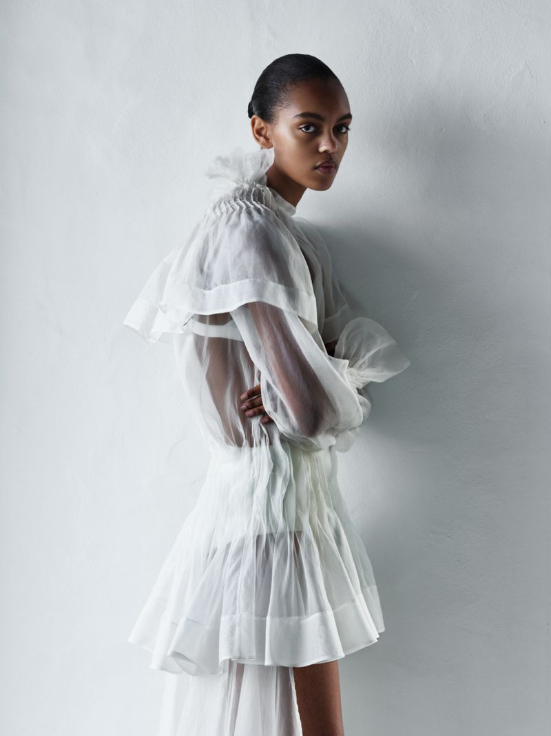 Model Bebe Parnell poses in a sheer white ruffled mini dress with layered tulle sleeves against a pale grey studio background.