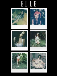 Six Polaroid instant photos of Emily Ratajkowski in fashion portraits arranged on a black backdrop under the ELLE logo.