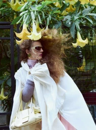 Model in sunglasses wearing a white cape and holding a pale yellow handbag beneath hanging yellow flowers for D Repubblica by Joan Braun.