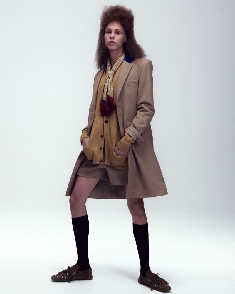 Model Nik Dermendzhiev in a tan coat, mustard cardigan, shorts, and knee socks against a white studio seamless backdrop.