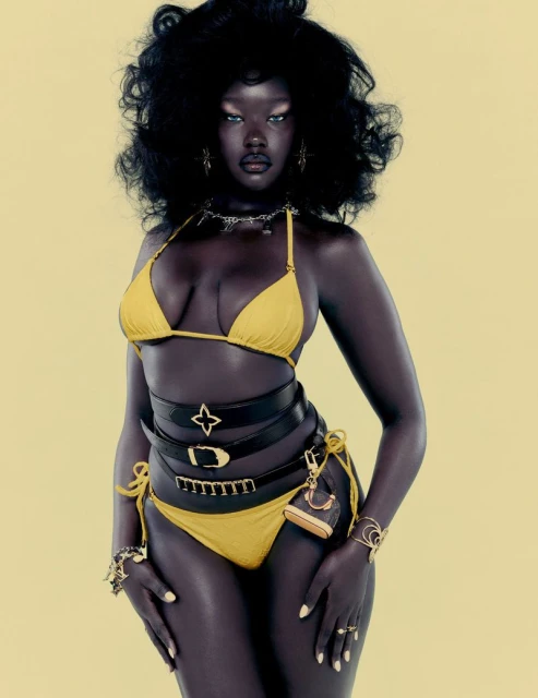 A dark-skinned woman with curly hair poses in a yellow bikini with black belts, against a yellow background, showcasing fashion and beauty.
