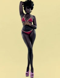 Model in a red bikini with white trim, leopard print glove, and lilac platform heels posing against a pale yellow backdrop.