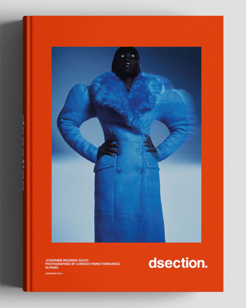 DSECTION Magazine Serendipity Vol. 2 cover featuring model Josephine Dau posing in a sculpted blue fur-collared coat.