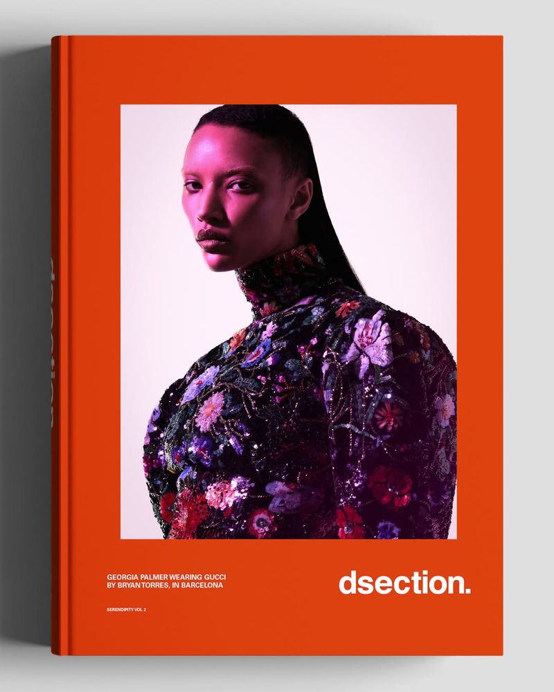 DSECTION magazine cover mockup featuring model Georgia Palmer in a sequined floral high-neck garment against an orange border.