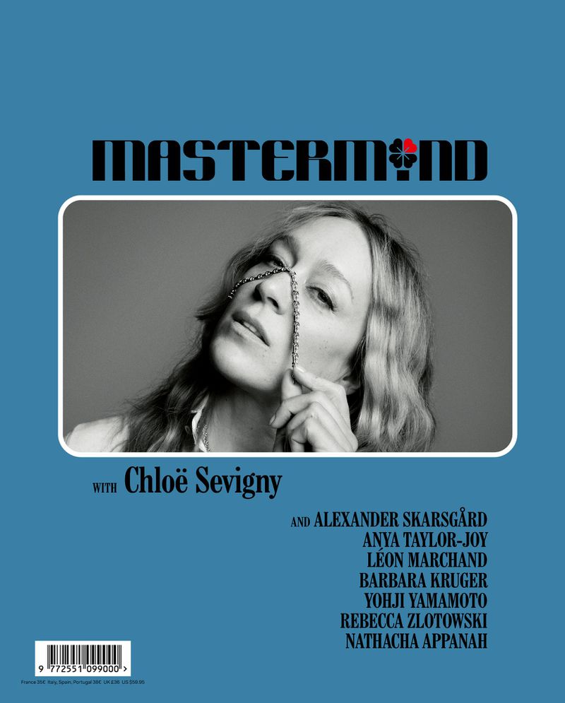 Magazine cover featuring Chloë Sevigny in a black and white photograph with a chain detail against a light blue background with bold typography.