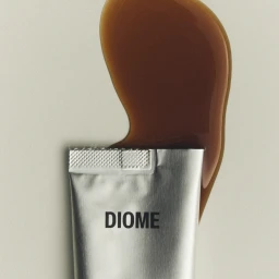 Silver aluminium cosmetic tube with black Diome logo beneath a glossy amber-brown liquid smear on a neutral grey background.