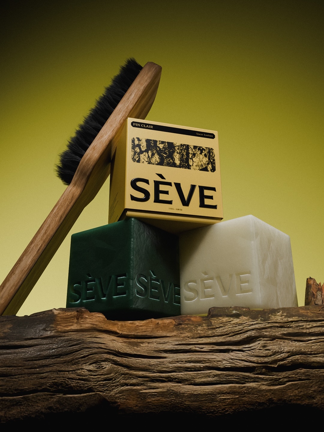 Sève embossed cube soaps, packaged box, and wooden bristle brush arranged on rustic natural wood.